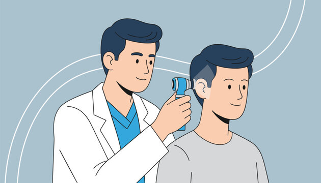 Professional doctor checking young male patient ear using medical otoscope tool in clinical office room.