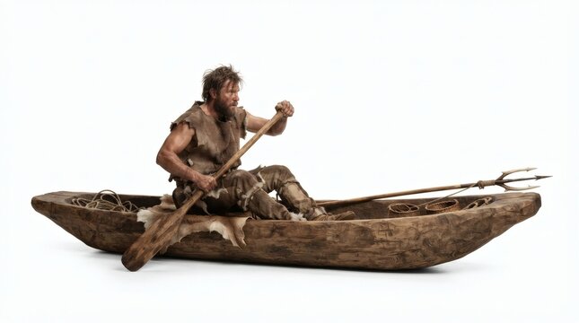 Primitive prehistoric man in fur clothing paddling a wooden dugout canoe with spear, historical stone age hunter rowing isolated on white background