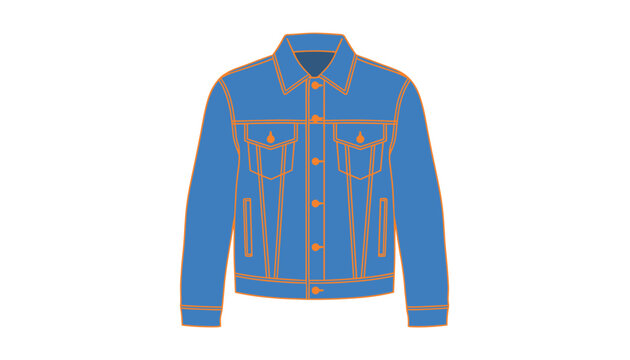 Classic blue denim jean jacket with orange stitching and pockets fashion illustration isolated on white.