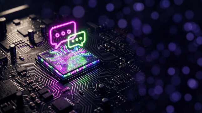 Glowing CPU chip with chat bubbles on circuit board