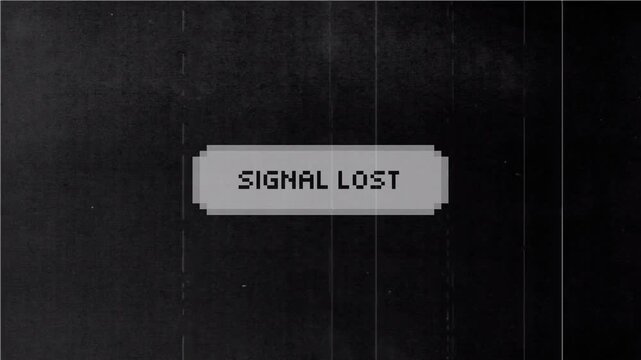 Distressed monochrome television screen featuring a retro pixel art signal lost alert box with vintage film grain textures and vertical scratches