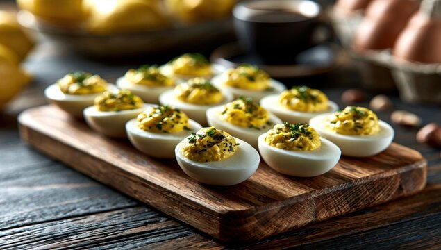 Eight halved deviled eggs with creamy yellow filling and green herbs arranged on a rustic wooden cutting board, set on a dark wooden table with blurred elements of