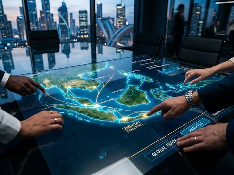 Business hands using digital world map table.