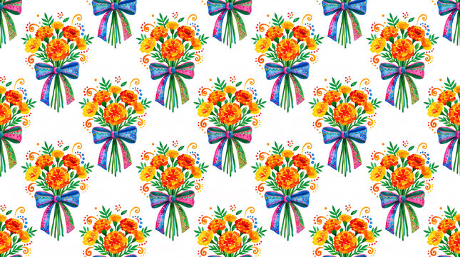 Watercolor marigold flowers bouquet with colorful ribbons pattern