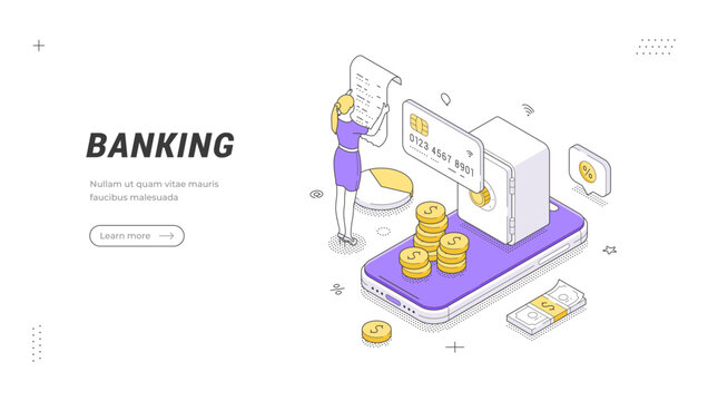 Secure digital transaction and electronic finance technology isometric banner template. Vector illustration for internet shopping and money transfer application. Credit card payment processing service