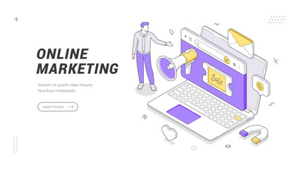 Fototapeta premium A social media marketing strategy for audience engagement and brand promotion isometric banner template. Vector illustration of a digital advertising campaign with a loudspeaker for SMM content