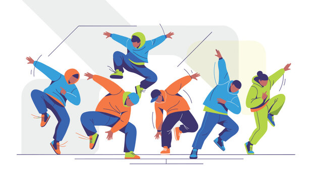 Energetic group of young hip-hop dancers performing dynamic breakdance moves in colorful street style hoodies.
