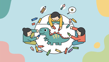 Fototapeta premium Three creative children sitting together at a round table and coloring a large dinosaur drawing with crayons.