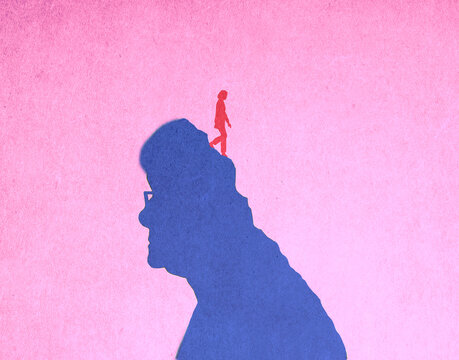 Illustration of woman walking down deteriorating head of senior woman suffering from Alzheimers disease