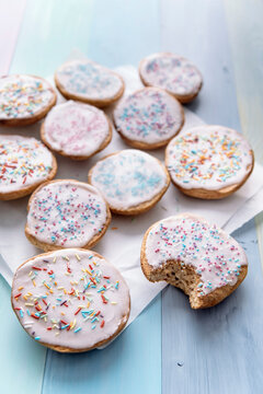 Vegan sweet pastry with sugar icing and coloured sugar beads and granules
