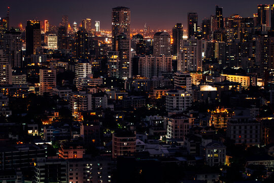 Thailand, Bangkok, Downtown skyscrapers and apartments at night