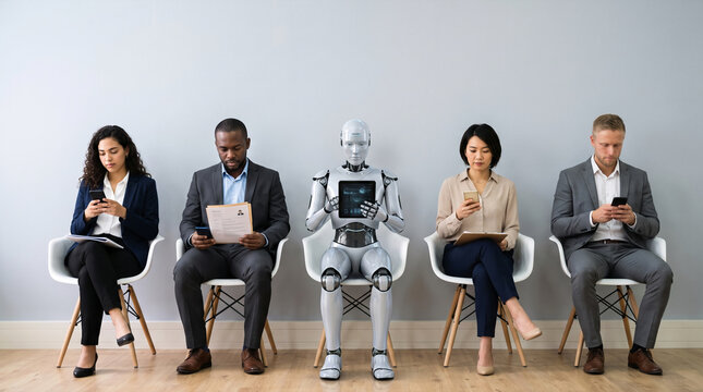 Robot and diverse candidates wait for job interviews in modern office waiting room