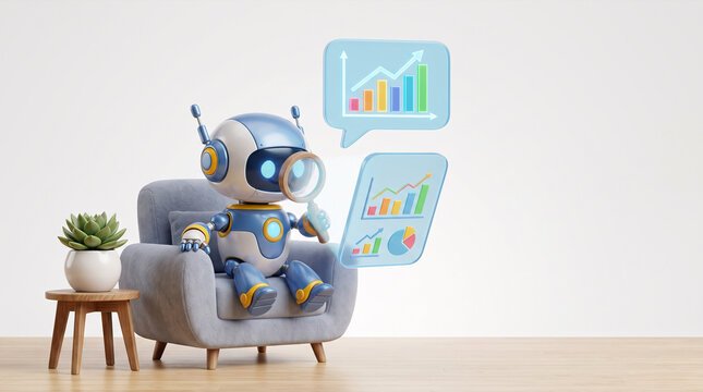 Cute robot analyzing financial growth charts with a magnifying glass