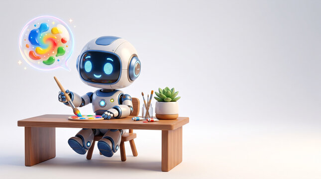 Cute robot artist painting colorful abstract shapes in a bubble