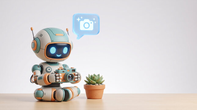 Cute robot holding vintage camera with plant and photo icon