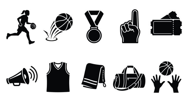 Basketball sports and fan paraphernalia vector icons set, includes player, bouncing ball, medal, foam finger, and tickets.