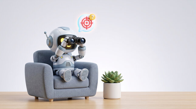 Cute robot using binoculars in armchair with target goal and question mark