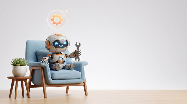 Cute robot holding wrench sitting in armchair with gear icon