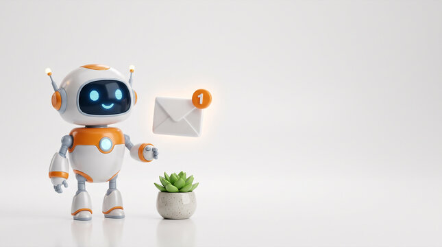 Cute robot with notification alert and potted plant on white background