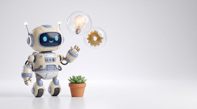 Cute robot with lightbulb and gear in glass bubbles
