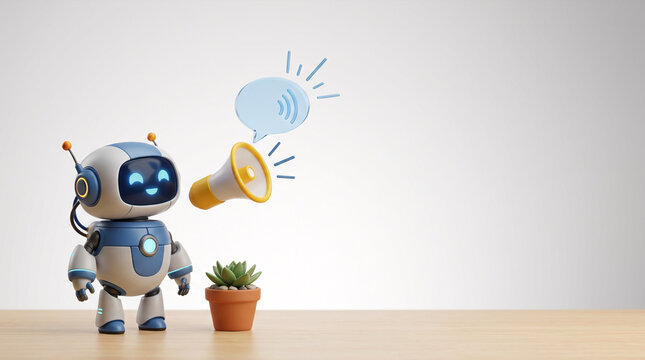 Cute robot with megaphone announcing news with speech bubble on desk