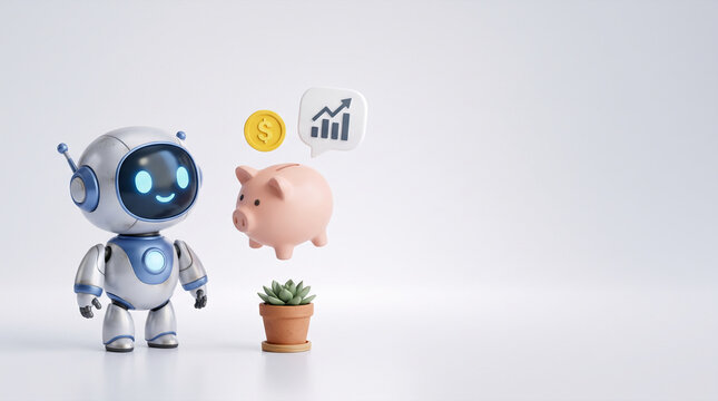 Cute robot with piggy bank and financial growth chart on white background