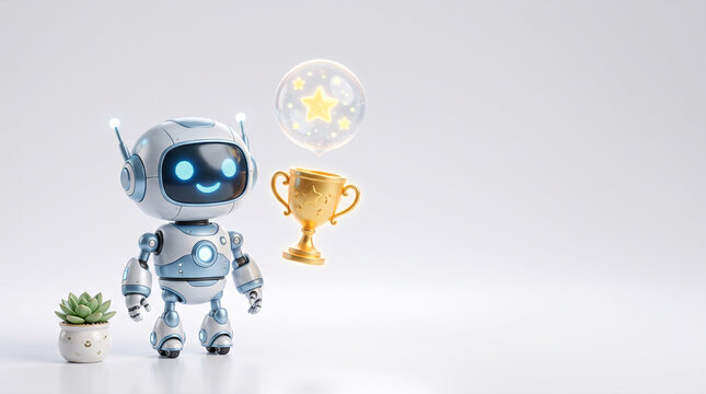 Cute robot holding trophy and glowing stars in bubble, plant