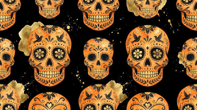 Dia de los Muertos skull pattern with gold accents on black