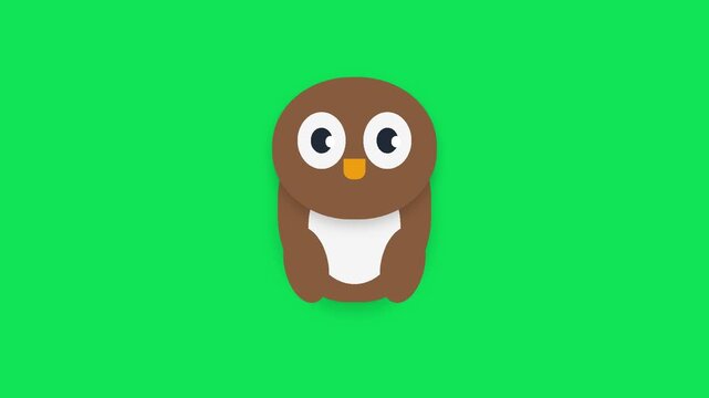 Animated cartoon owl character blinking eyes on solid green background for video editing.