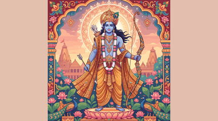 Obraz premium The Hindu deity stands heroically with a bow and arrow in a temple courtyard surrounded by flowers and intricate designs.