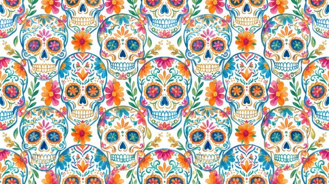 Colorful sugar skull pattern with flowers and leaves, Day of the Dead
