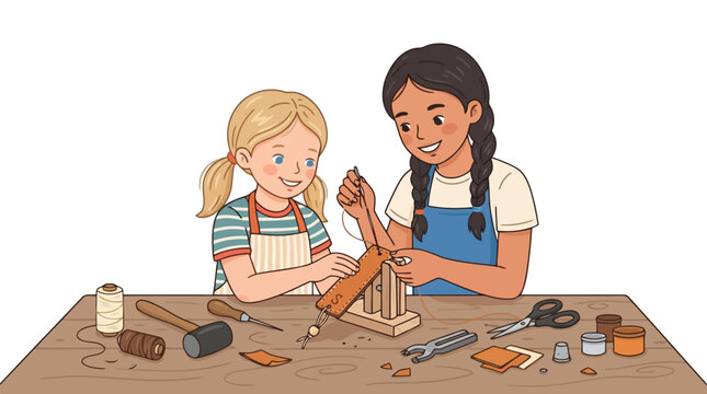 Two young girls learning leather craft by sewing a small brown leather pouch at a wooden workbench