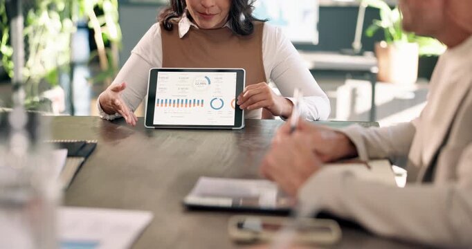 Tablet screen, businesswoman or presentation with team, hands or data for sales performance. Chart, tech or presenter in office meeting for financial update, revenue growth or investment information