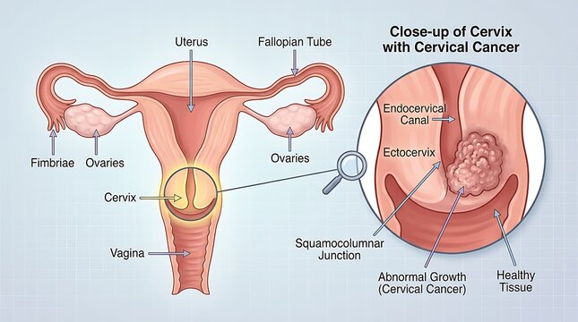 Anatomical diagram of female reproductive system with cervical cancer overview