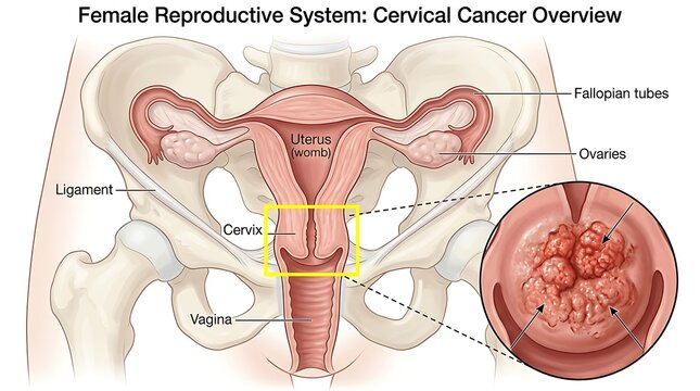 Female reproductive system with highlighted areas of cervical cancer, fallopian