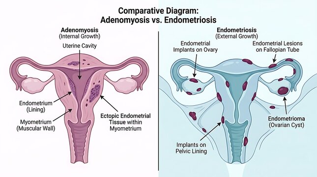 Comparative diagram of adenomyosis vs endometriosis with adenomyosis, fallopian