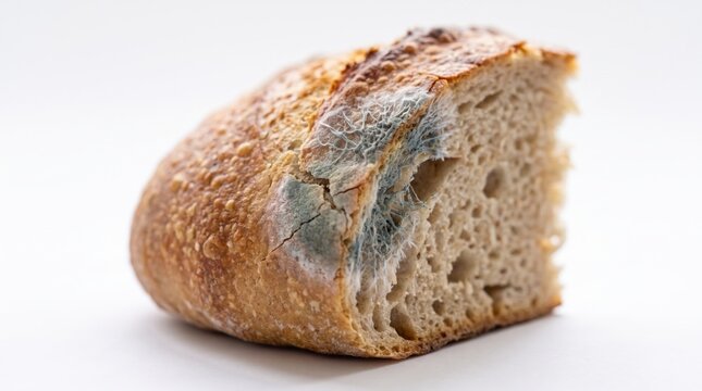 Cracked artisan bread segment isolated on white exposes blue grey mold beneath the crust and filament networks across torn crumb, a detailed study of fungal invasion and progressive food decay
