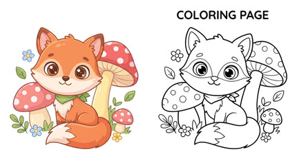 Fototapeta premium Cute Baby Fox Coloring Book Page with Colored Reference and Black Outline for Kids