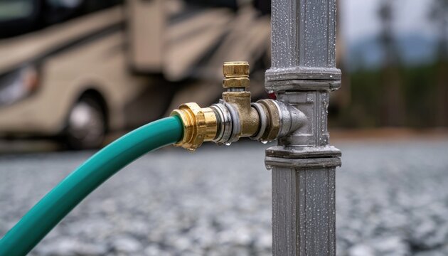Green garden hose connected to a brass valve on a gray water hookup pole at an rv campsite