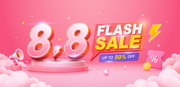 Modern 8.8 flash sale vector banner with 3D typography, pastel gradient background and e-commerce promotion design.