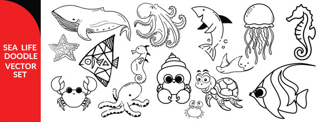 Obraz premium Sea life doodle vector icon set