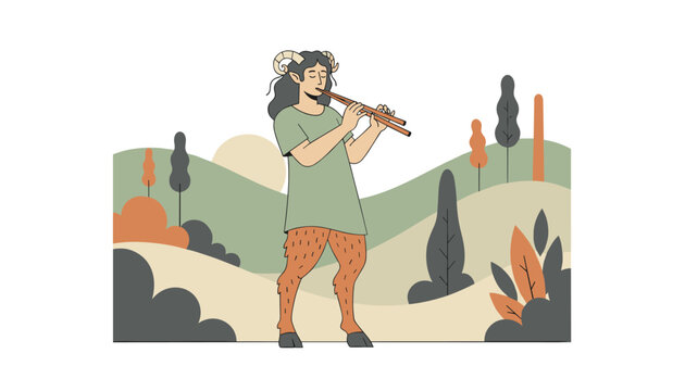 Mythological satyr or faun character playing double flutes in a scenic rolling hill landscape with tall pine trees.