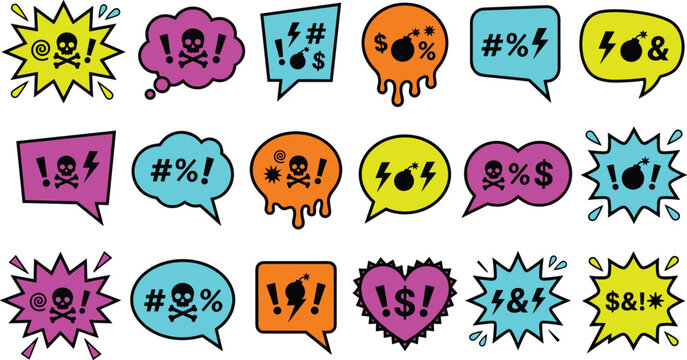 Comic Speech Bubble Vector Icon Set with Profanity Swear Words Gialogue Censorship Symbols and Angry Exploded Text Clouds