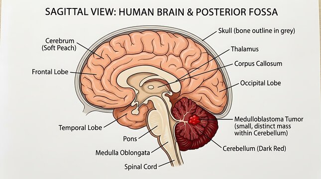 Sagittal view of human brain and posterior fossa with labeled parts, sagittal