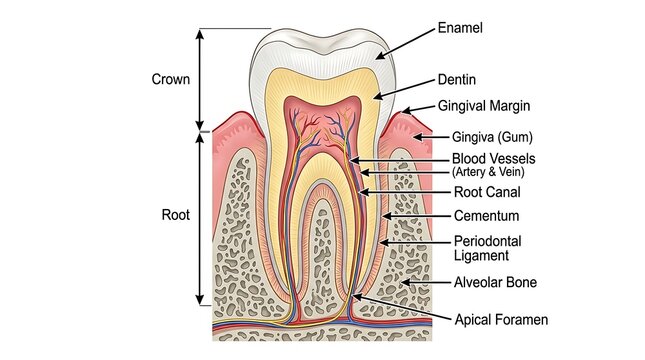 Detailed diagram of a tooth showing enamel dentin pulp other internal structures