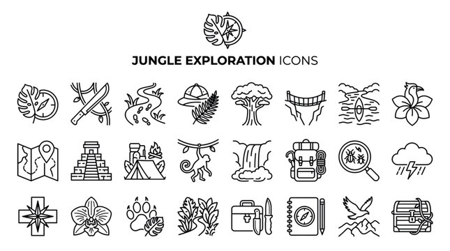 Jungle exploration icons, collection, objects, style, travel. Linear vector set featuring safari equipment, exotic wildlife, tropical plants, hiking tools, and ancient ruins for expedition maps.