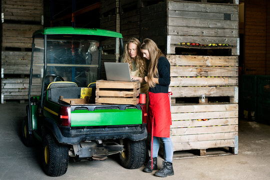 Two women using laptop between crates on a farm