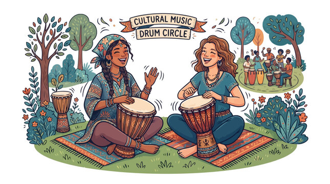 Two women sitting on a mat in a park playing traditional drums in a drum circle illustration