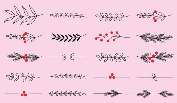 Botanical line art dividers with berries and pine sprigs on pink background vector illustration