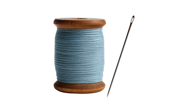Wooden spool of light blue thread with sewing needle, isolated on transparent background